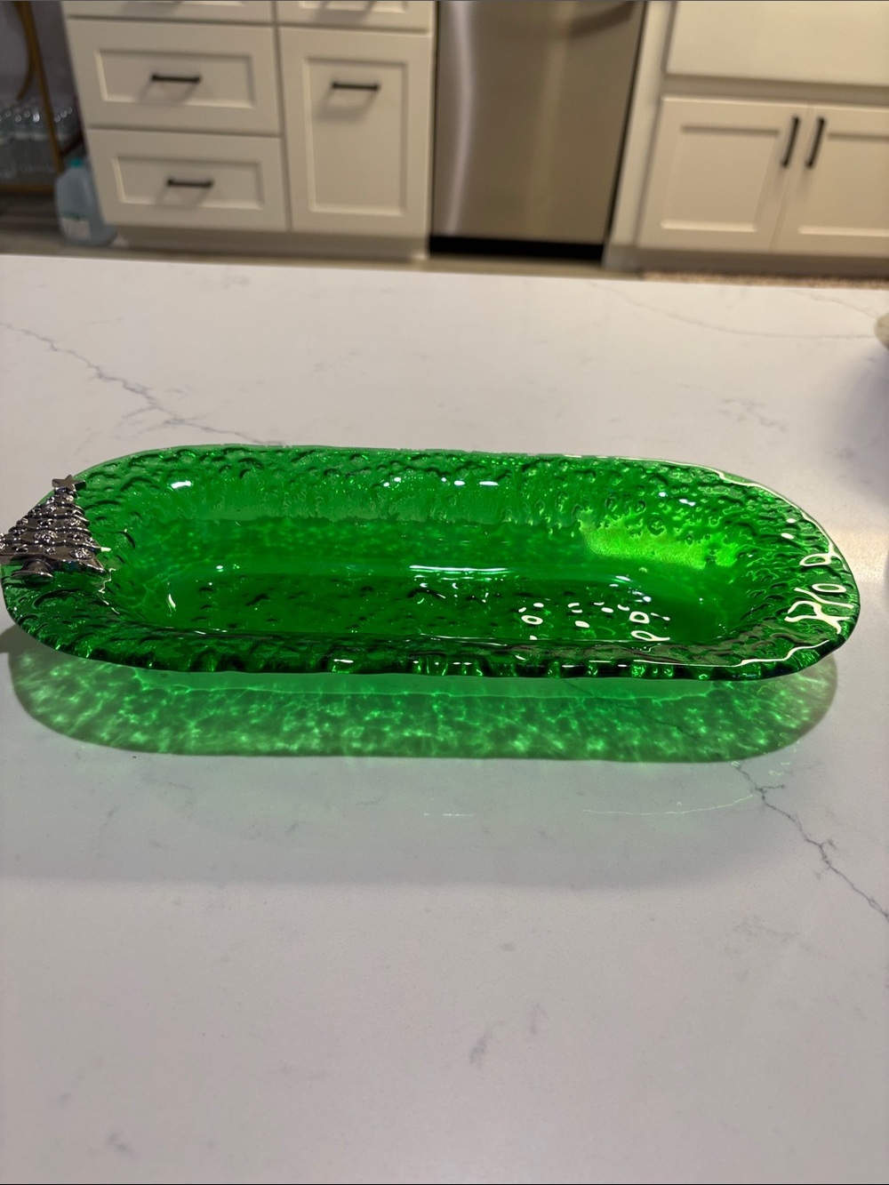 Green Decorative Glass Tray with Silver Christmas Tree Accent - Picture 5 of 6